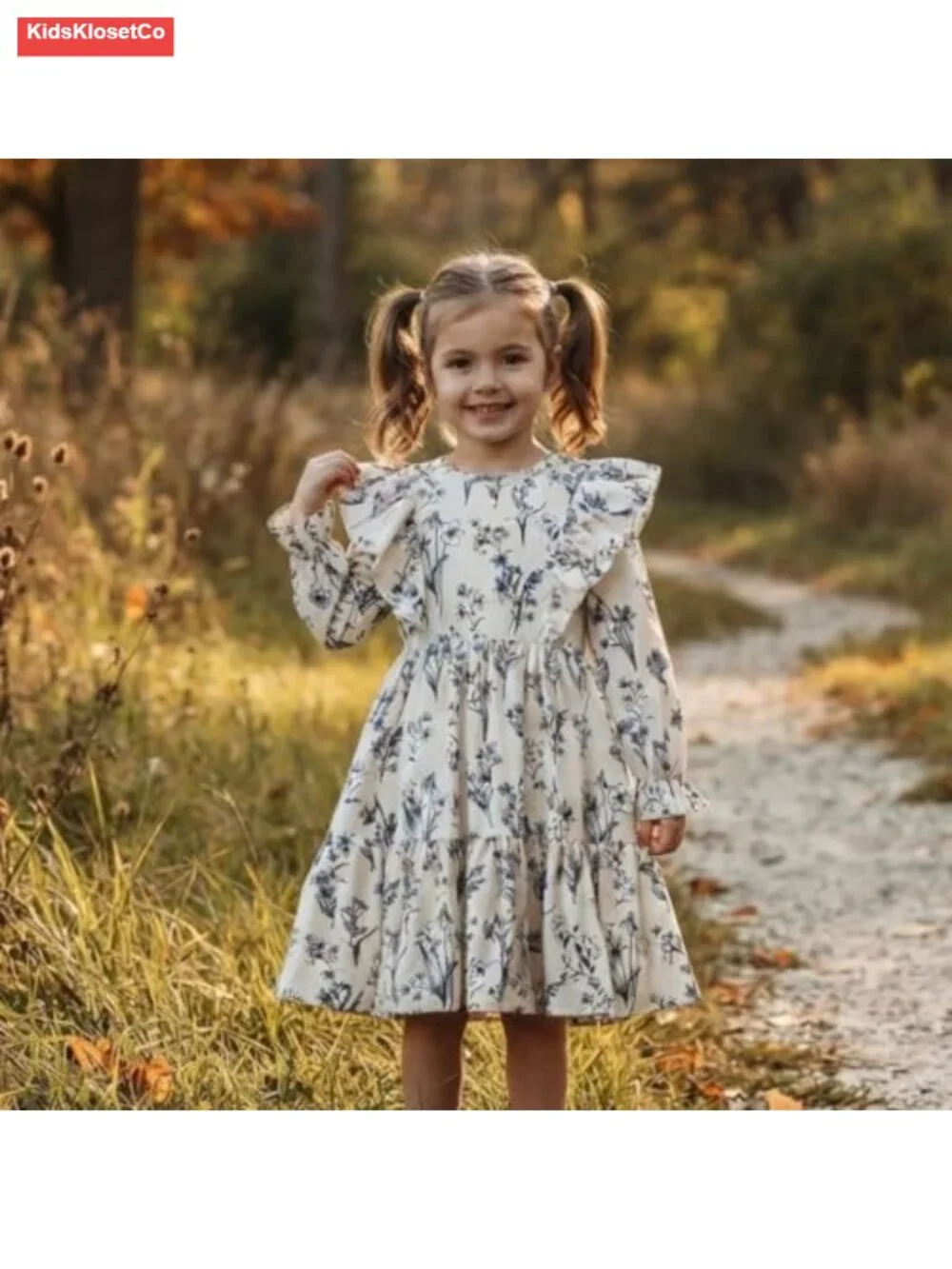 Floral Print A-Line Sundress with Ruffle Long Sleeves - Kids Casual Dress,